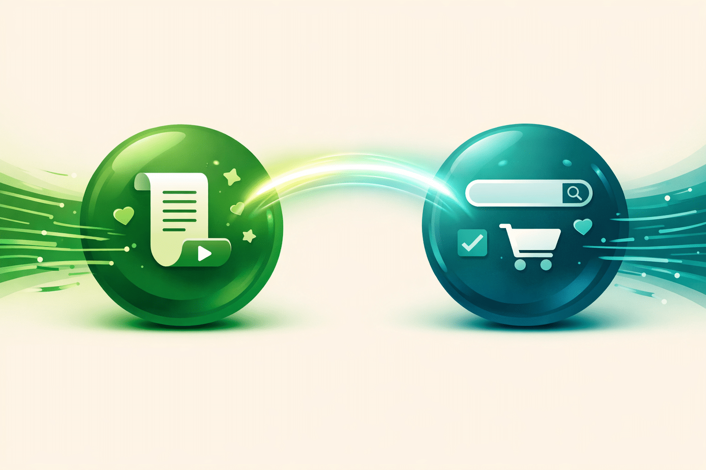 Illustration showing the connection between TikTok discovery commerce and Amazon intent-based commerce, with a glowing arc representing the halo effect between demand creation and demand capture.