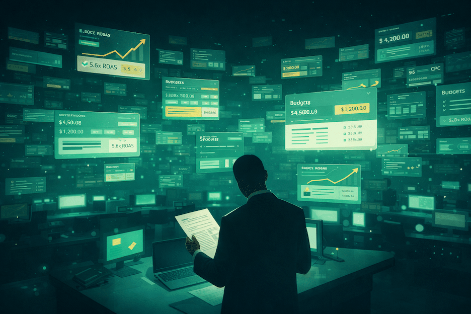 Vast automated campaign management system displaying Amazon Ads data at scale, with a human strategist in the foreground reviewing performance, representing the balance between AI-driven execution and expert oversight