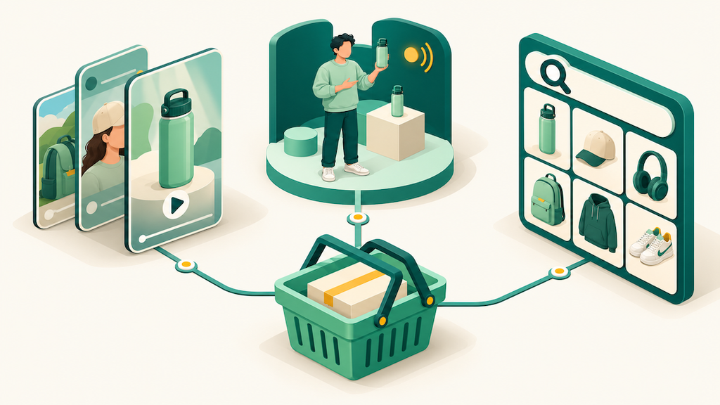 The three places buyers find products on TikTok Shop: the video feed, LIVE shopping, and the Shop tab and search