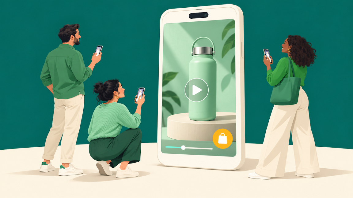 Shoppers buying a product directly from a short video on a phone, illustrating how TikTok Shop sells through content