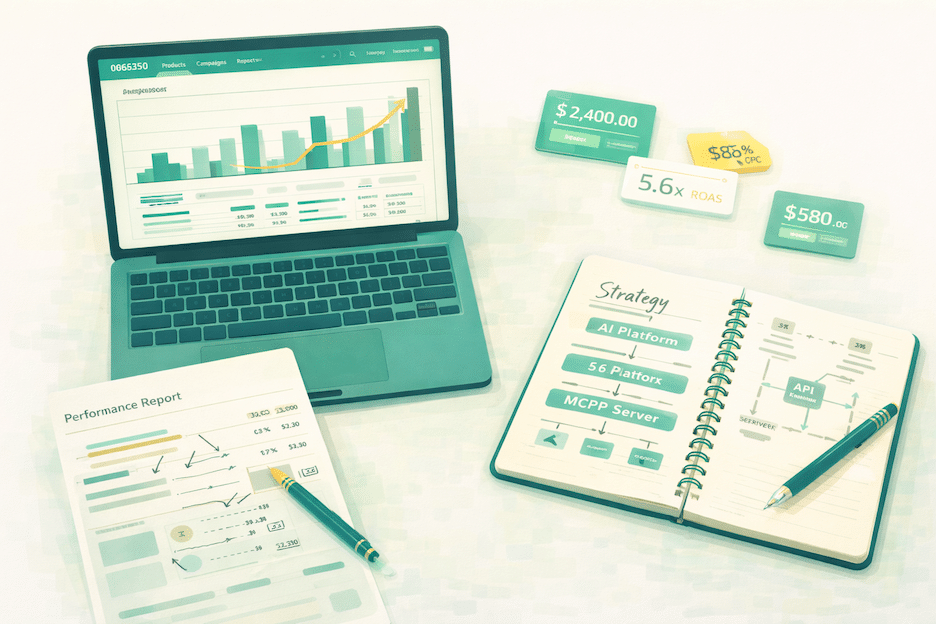 Amazon advertising strategy workspace showing human analysis of campaign performance data alongside AI-powered reporting tools