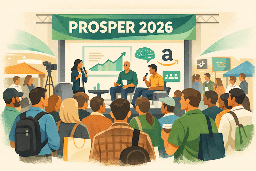 Amazon sellers gathered around a conference stage listening to expert panel discussion, representing strategic collaboration and industry insights at an ecommerce conference.