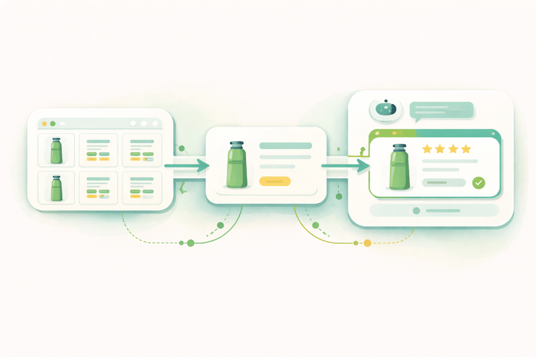 Amazon product listing branching into traditional search results and AI recommendation interface representing evolving product discovery.
