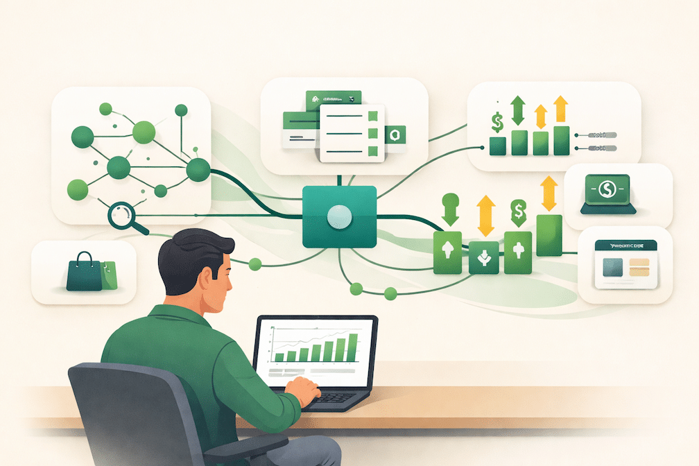 Amazon seller analyzing a structured PPC bidding system showing automatic, manual, and dynamic bid pathways for campaign optimization.