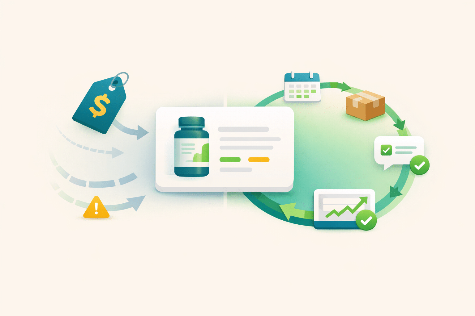 Product listing connected to two pathways comparing discount-only subscription approach versus structured retention system
