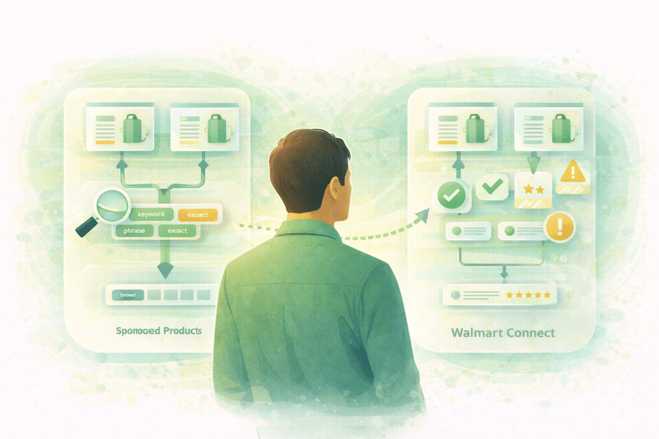 Ecommerce professional adapting Amazon PPC strategy to Walmart Connect with adjusted campaign structure