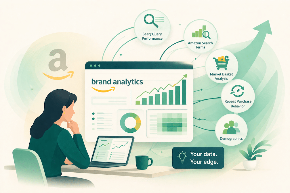 Business professional transforming Amazon Brand Analytics data into clear competitive insights for better ecommerce decision making