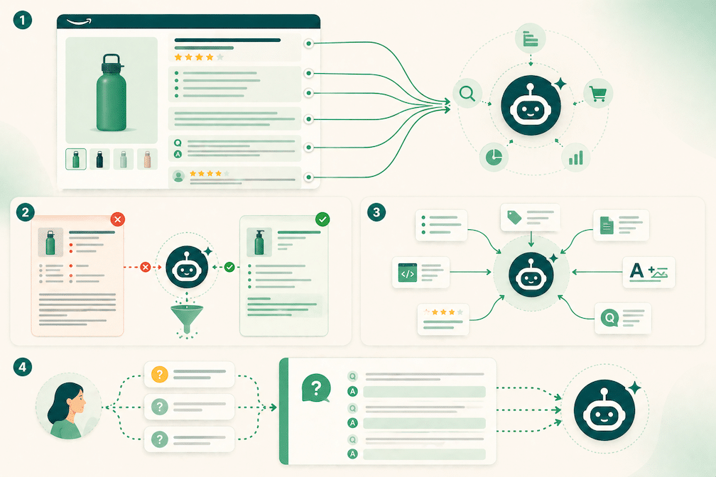 Amazon product detail page elements feeding semantic data into Rufus AI shopping assistant for generative search optimization