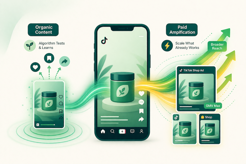 TikTok content flowing from organic engagement into paid amplification system for ecommerce growth
