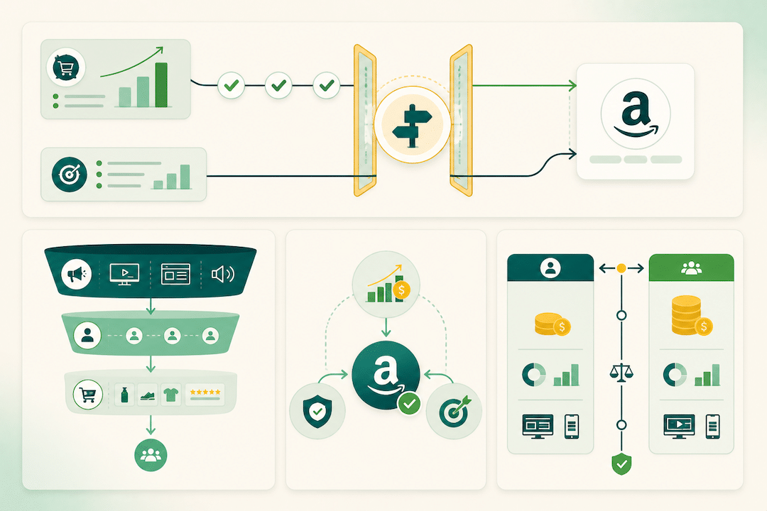 Amazon DSP decision threshold for mid-market brands showing two paths leading to programmatic platform access based on account readiness conditions
