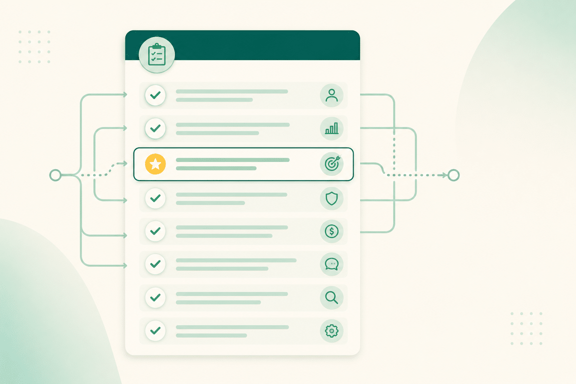 Checklist framework illustration representing the eleven criteria for evaluating an Amazon marketing agency before signing a contract.