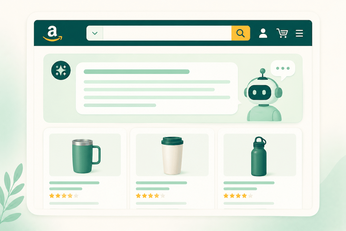 Amazon search bar showing Rufus AI conversational summary above traditional product result cards