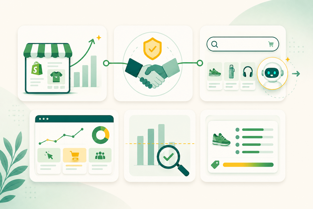 Illustration of three connected events showing Shopify AI growth, UCP protocol governance, and Amazon AI assistant integration as a single strategic trajectory