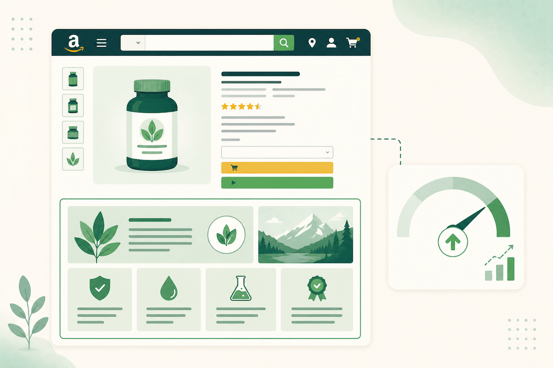 A product detail page with an enhanced A+ content section and a modest upward conversion gauge.