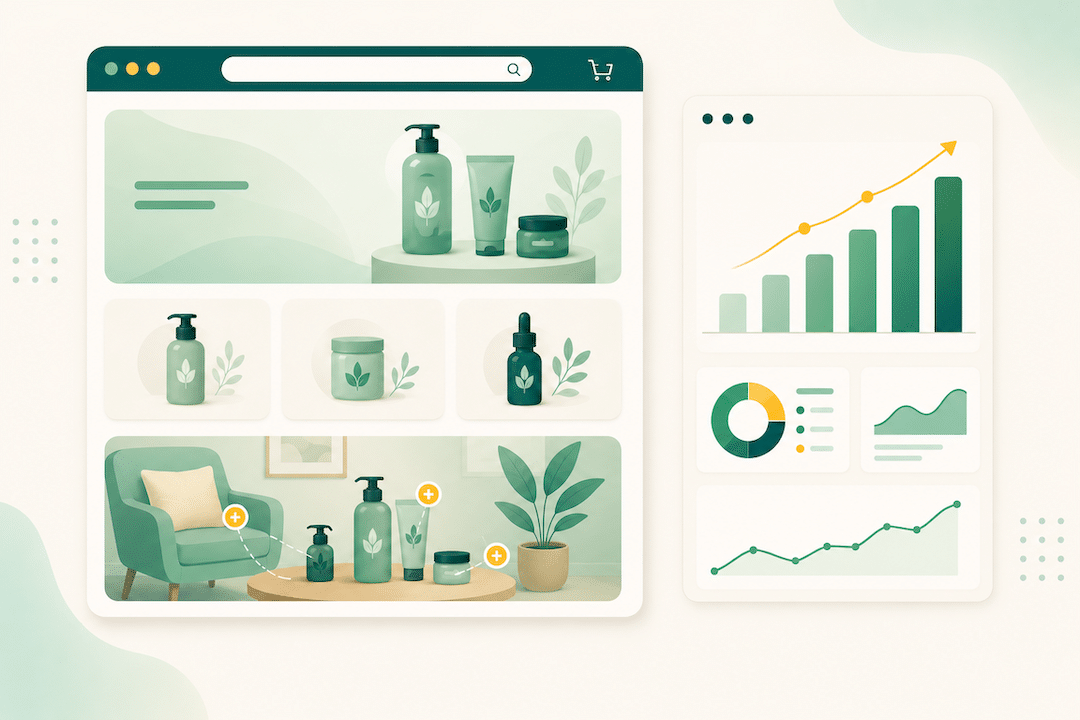 Illustration of an Amazon brand Store built from modular tiles next to a Store Insights analytics panel.