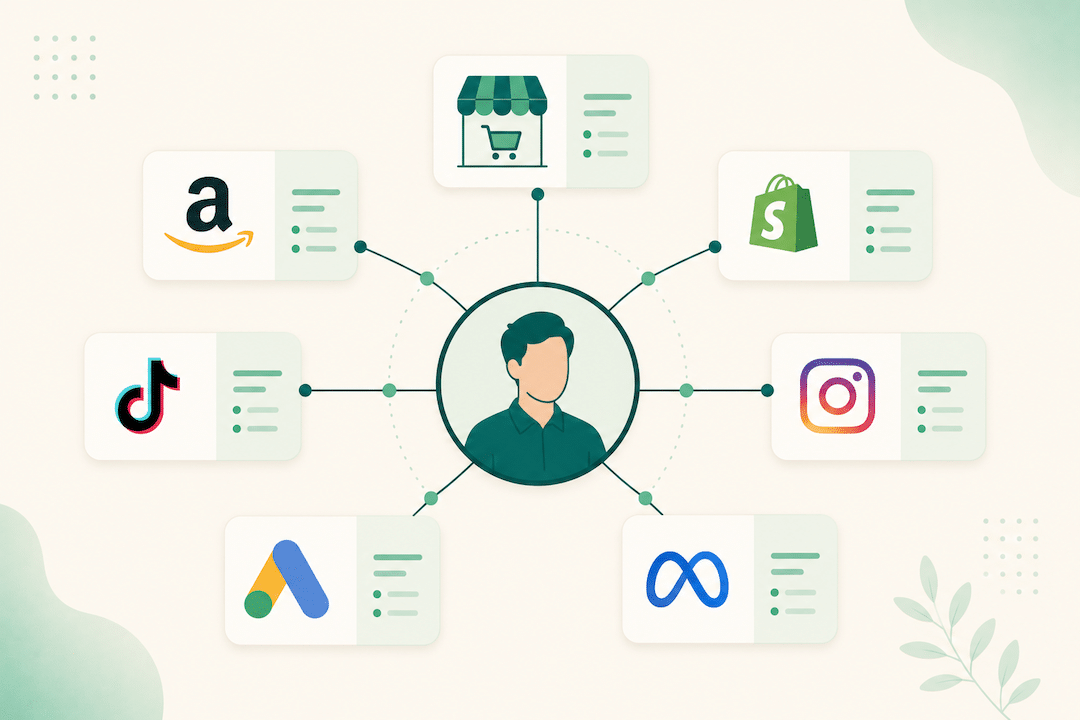 Multiple ecommerce sales channels connected to a single central coordinator representing an omnichannel agency.