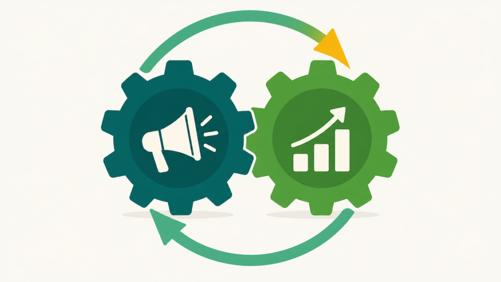 Two interlocking gears showing Amazon PPC and organic ranking reinforcing each other