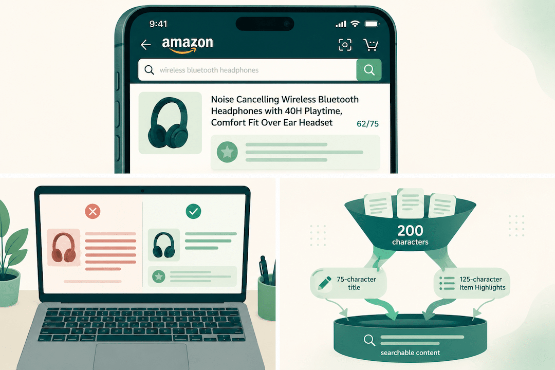 Amazon search results showing the new 75-character title field and Item Highlights field on mobile.