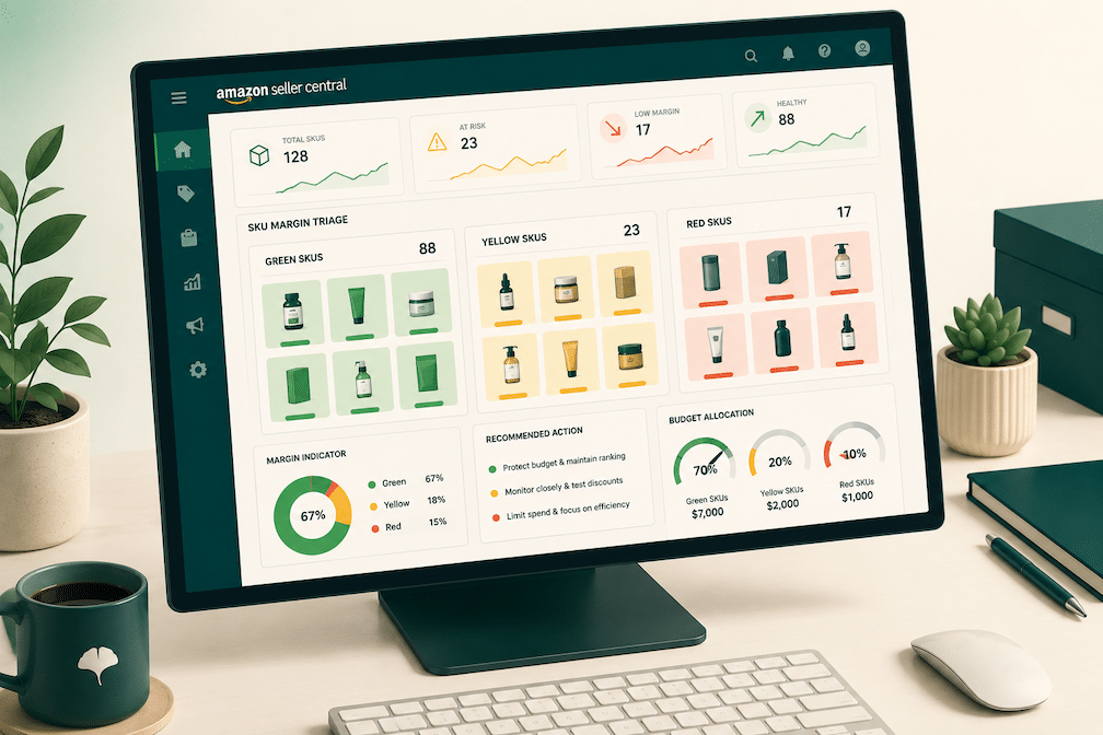 Isometric illustration of an Amazon seller dashboard showing product margin triage with color-coded SKUs for Prime Day preparation.