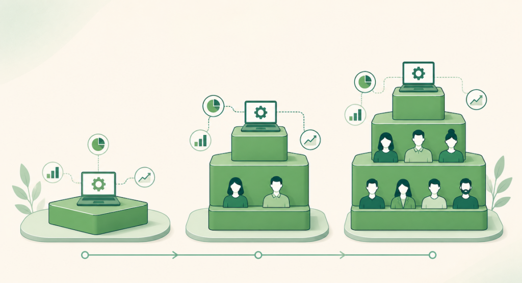 Diagram-style comparison of software, hybrid, and full-service agency models