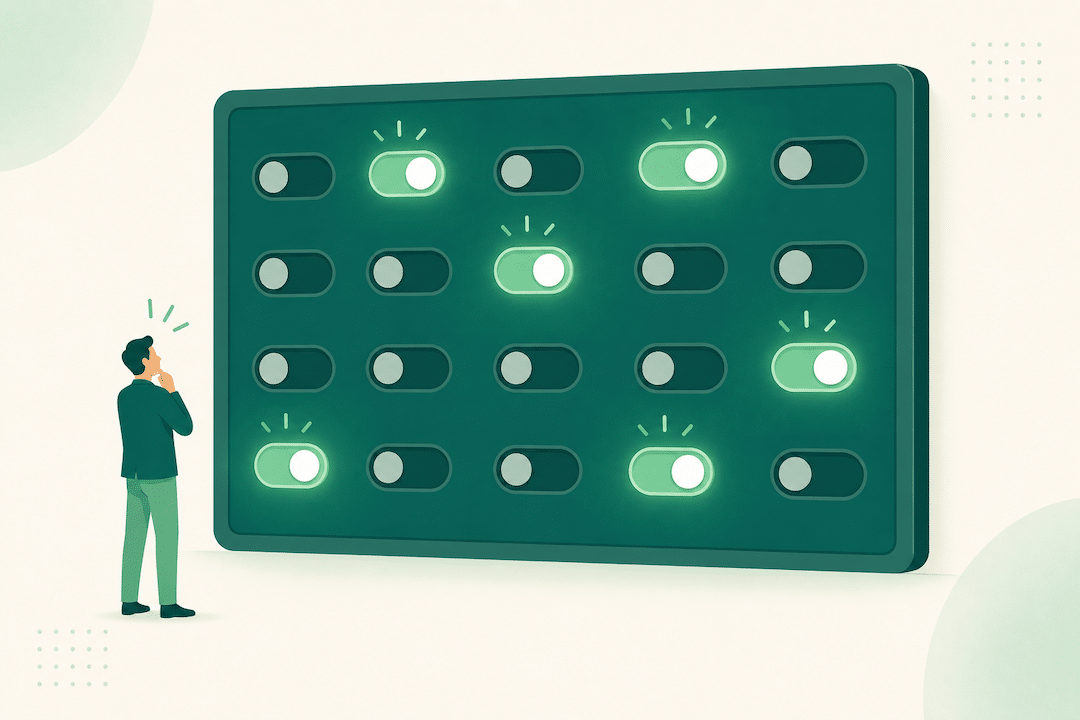 : Illustration of toggle switches turning themselves on while an Amazon seller looks on, representing Amazon's auto-activated account features