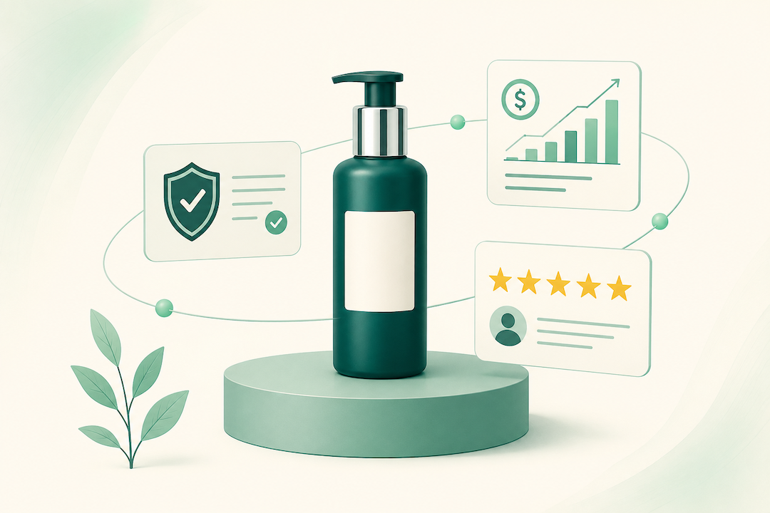 Illustration of a premium beauty product supported by compliance, advertising, and review elements