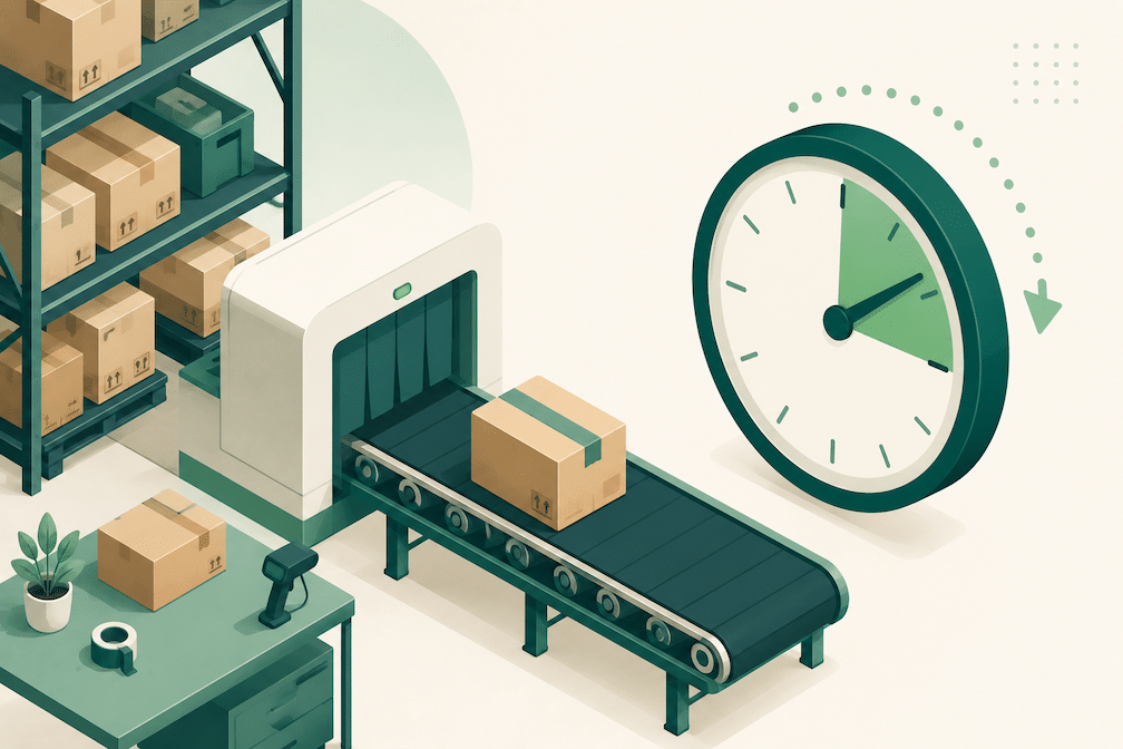 Illustration of a package moving through a fulfillment process toward a countdown clock, representing Amazon's new handling time accuracy requirement. Amazon FBM Handling Time Rule 2026