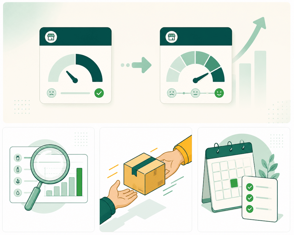 Illustration of a TikTok Shop Store Rating dashboard shifting from a pass-fail gauge to a graduated dial