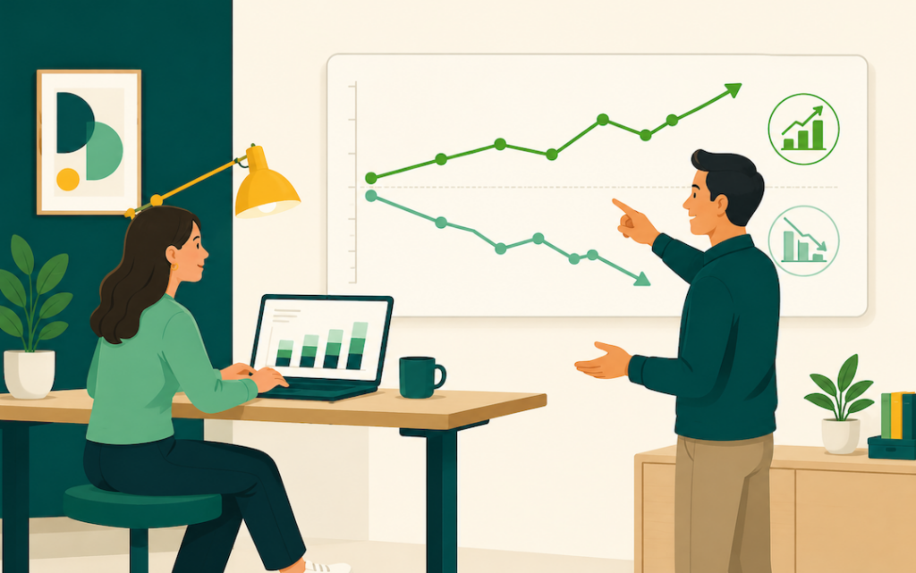 Two marketers reviewing a report where account ROAS declines while profit increases after cutting branded ad spend.