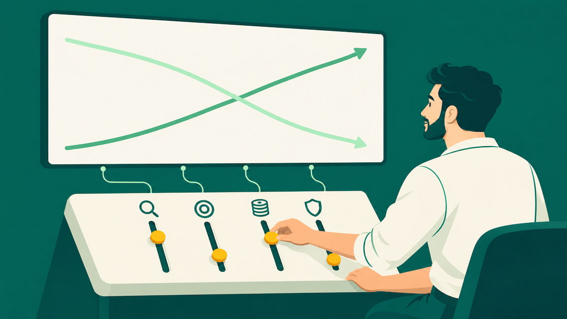 Person adjusting Amazon PPC controls while total ad cost falls and sales rise on a dashboard behind them