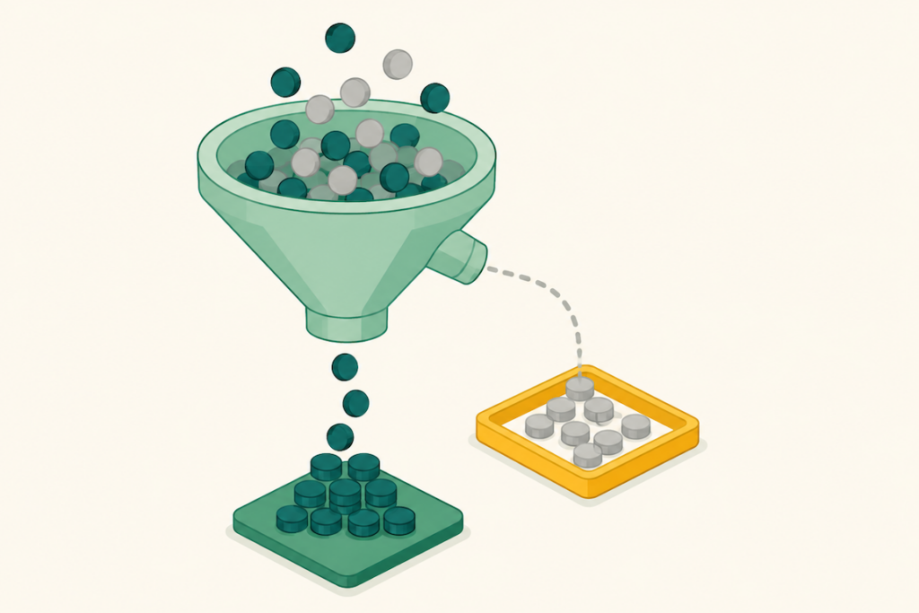 Isometric illustration of a funnel separating two colors of tokens, representing Amazon filtering non-human ad impressions out of advertiser billing.