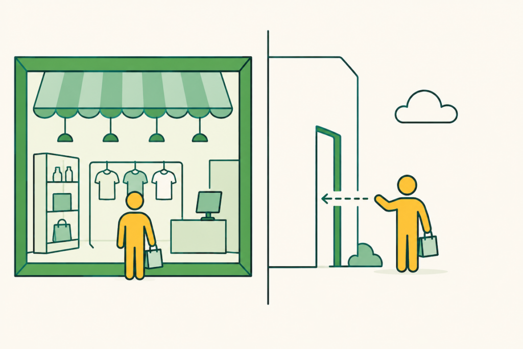 Split-panel flat illustration of two identical shopper figures, one inside a store boundary and one reaching in from outside, showing first-party and third-party AI agents on Amazon.