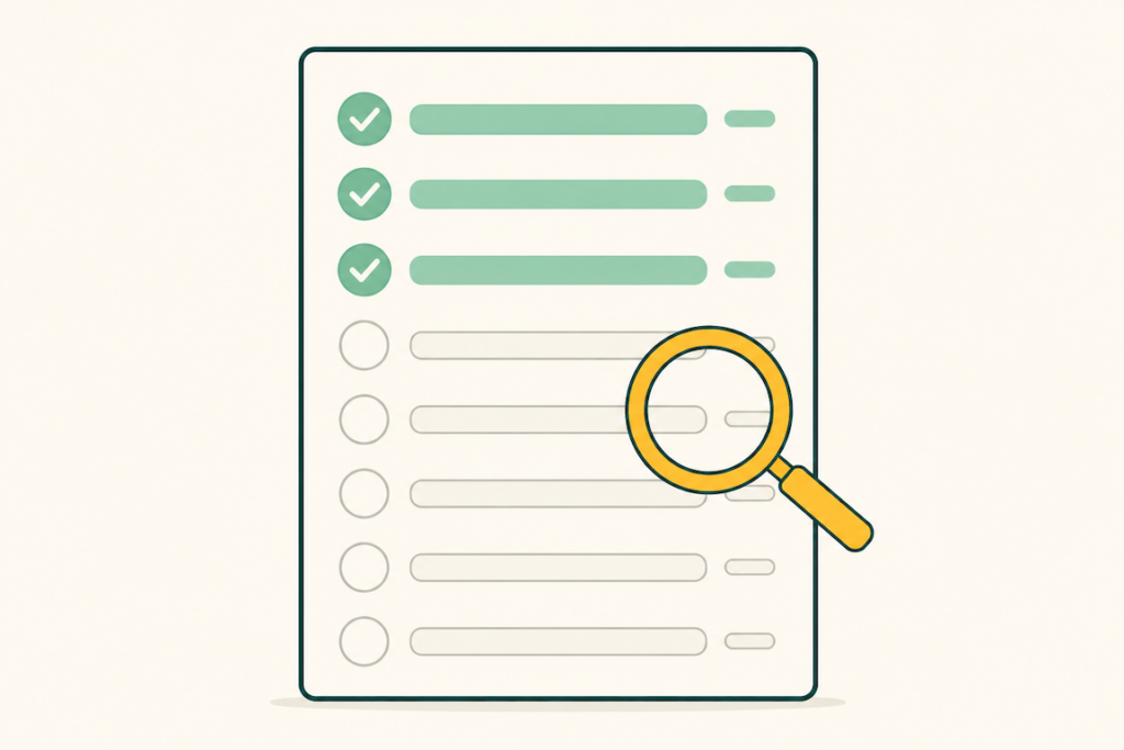 Flat illustration of a partly completed checklist with a magnifying glass over a blank row, representing incomplete Amazon listing attribute fields.