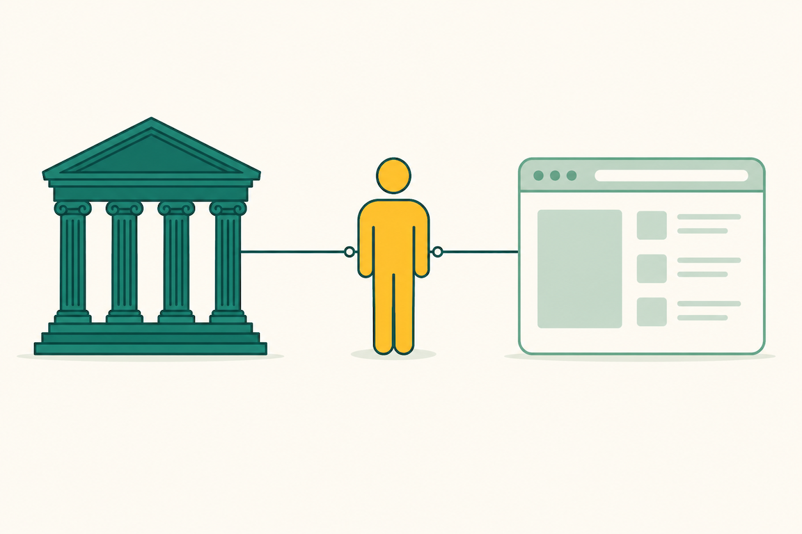 Flat illustration showing a courthouse and a browser window linked through a human figure, illustrating the Ninth Circuit ruling that the user, not Perplexity, accesses Amazon.