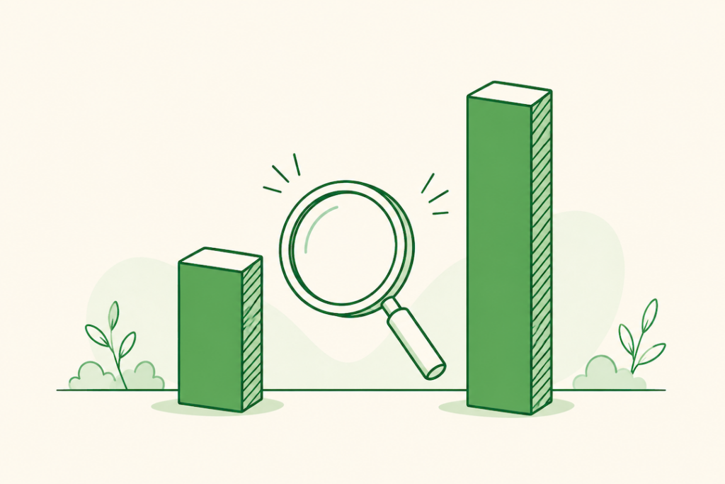 Two differently sized bars examined under a magnifying glass, representing the difference between Walmart's 38% and 43% advertising growth figures.
