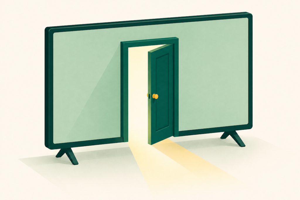A door set into a television screen standing slightly open, representing self-serve connected TV access opening to smaller advertisers.