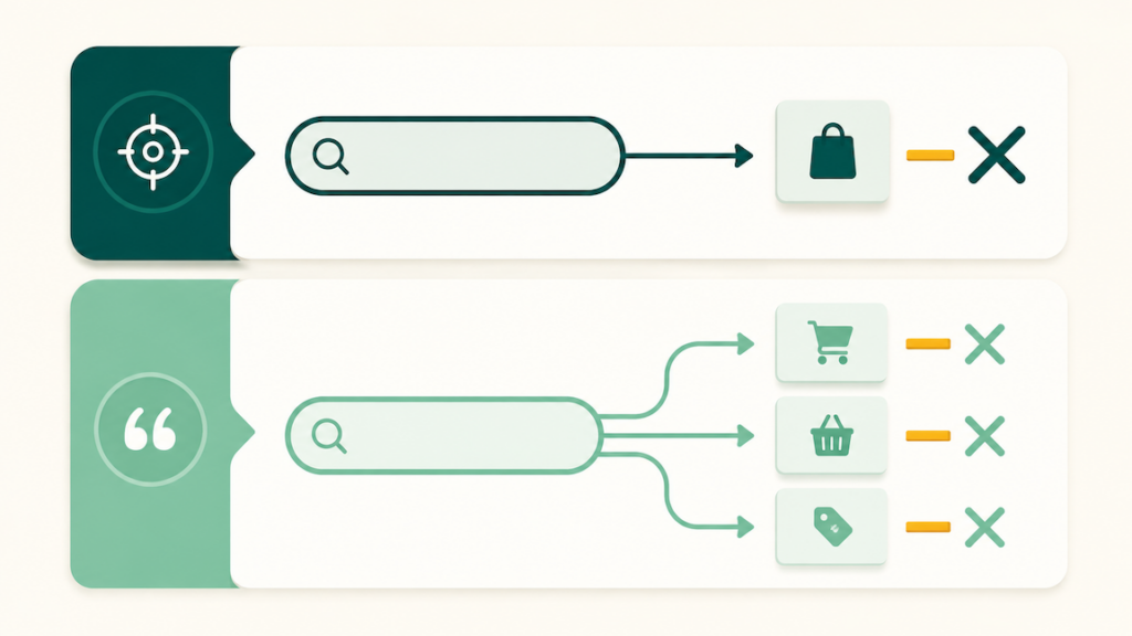 Diagram contrasting negative exact-match blocking one query with negative phrase-match blocking several variations.