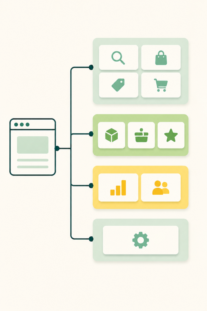 Illustration of the four groups of WebMCP tools available on Shopify storefronts