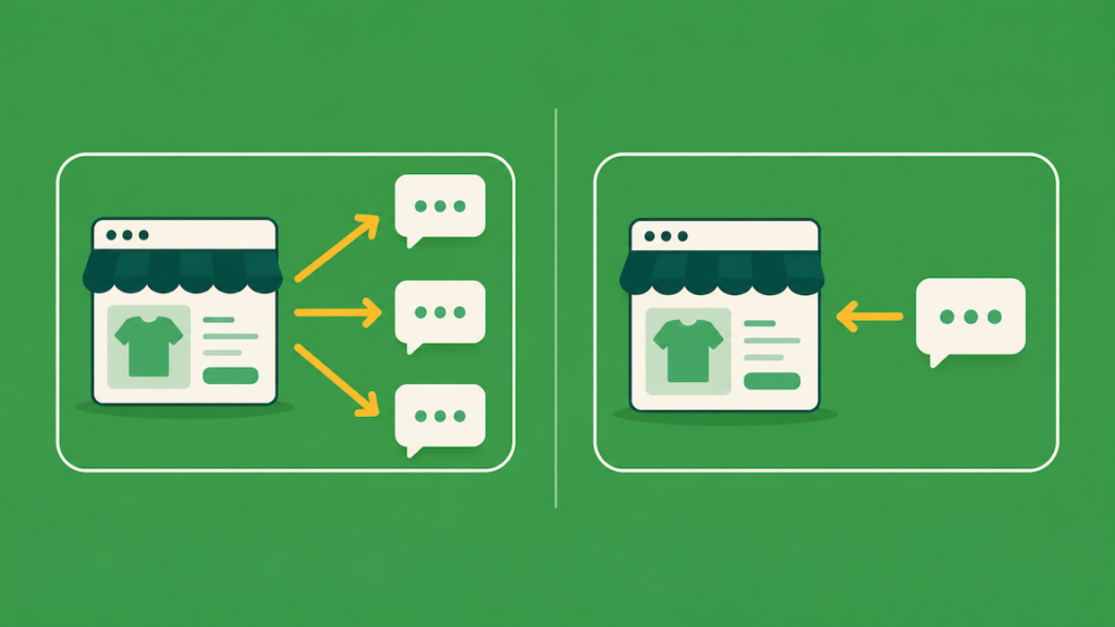 Illustration contrasting outward catalog syndication with an in-browser agent acting on a storefront