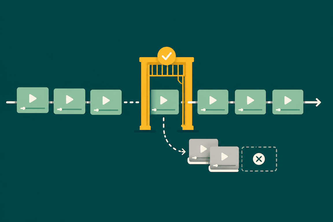 Illustration of short-form video frames passing through a review gate, with some held back