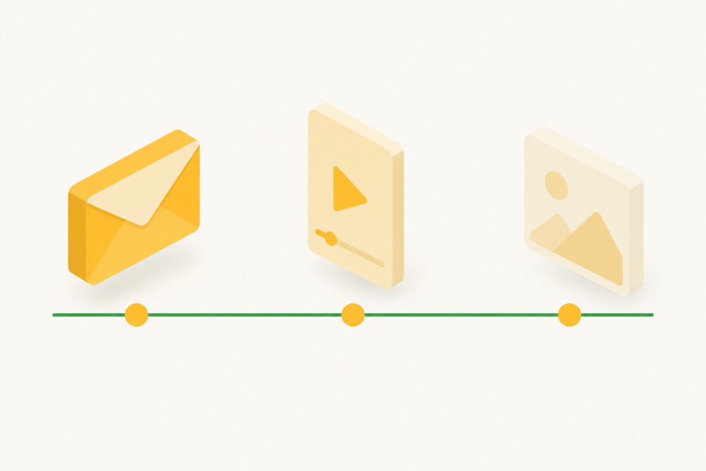 Timeline of three fading icons for an email tool, a video feed, and a photo feed that Amazon discontinued.