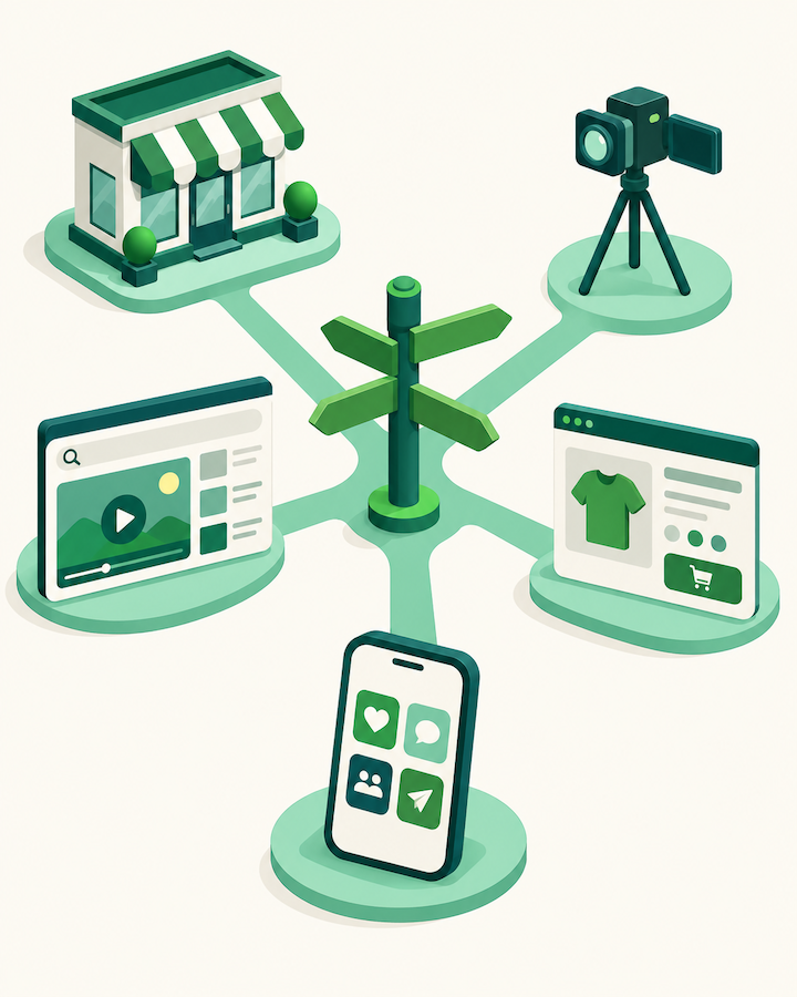Signpost pointing to a brand store, livestream camera, video ad, product page, and social media.