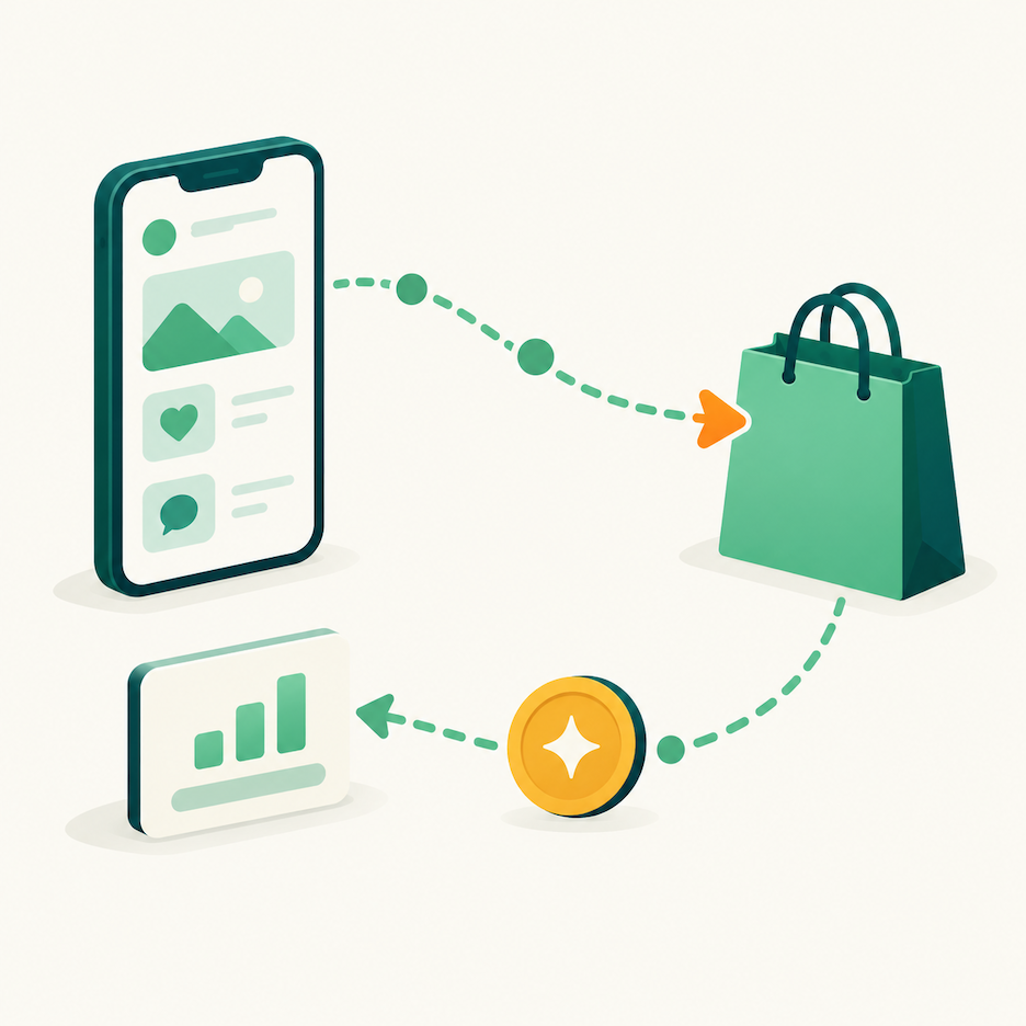 Social media traffic flowing to an Amazon purchase, with a credit returning against the brand's fees.