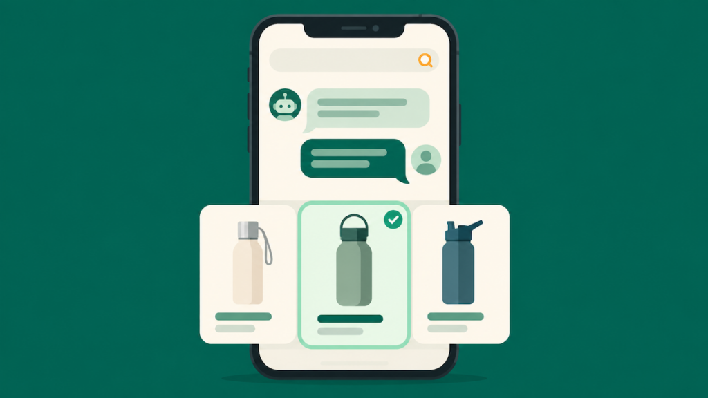 Smartphone showing an AI shopping assistant conversation recommending one product from three options