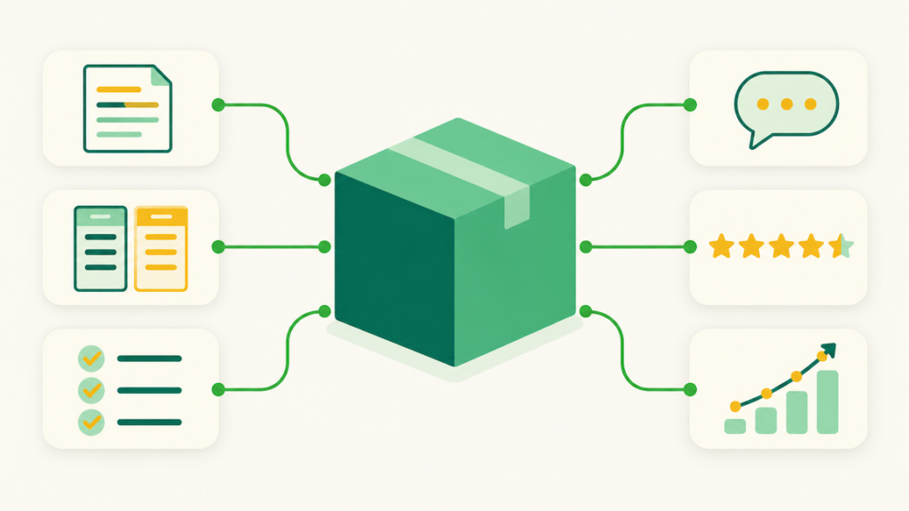 Illustration of the listing inputs an AI shopping assistant reads, from copy and attributes to reviews and sales performance