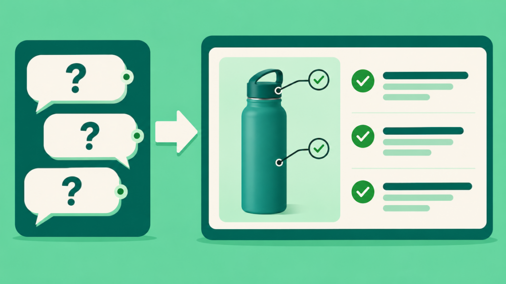 Split illustration showing shopper questions being answered directly on an Amazon product page