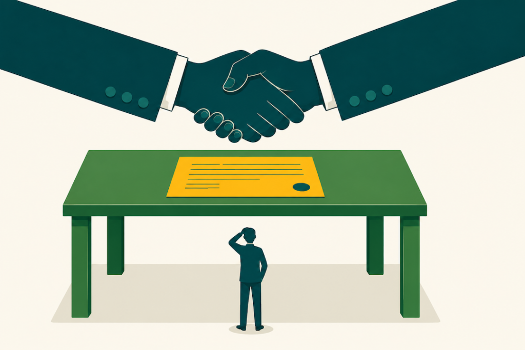 Two parties shaking hands above a smaller figure who cannot see the agreement, representing licensing deals brands are not party to.