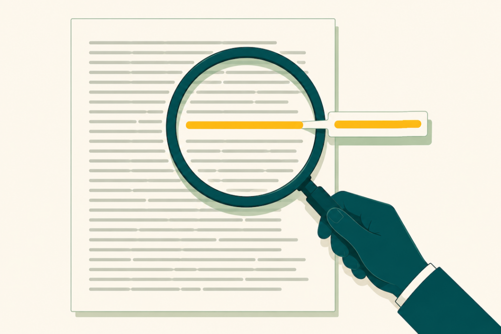 A magnifying glass isolating one highlighted line in a block of regulatory text.