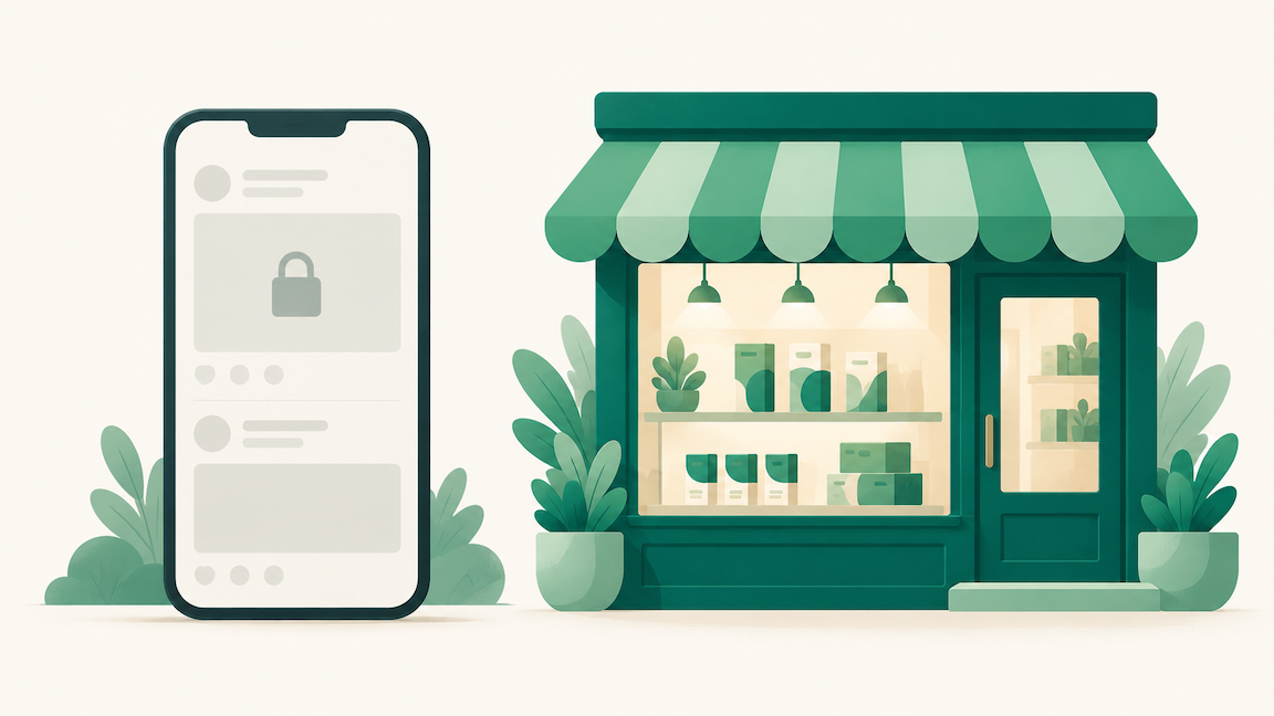 Illustration of an empty, locked social feed on a phone next to a bright, stocked brand storefront.