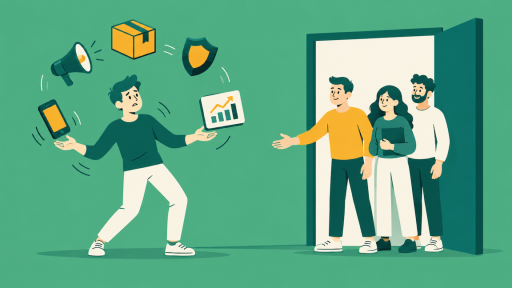 One person overloaded with Amazon account tasks beside a team ready to take over